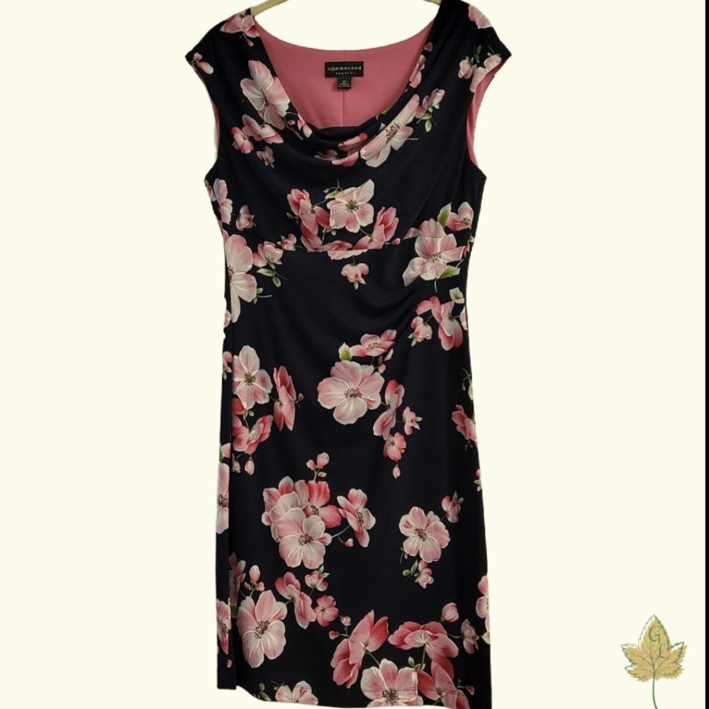 Sleeveless Sheath Dress | Navy Blue with Floral Print | 8p | Connected Apparel